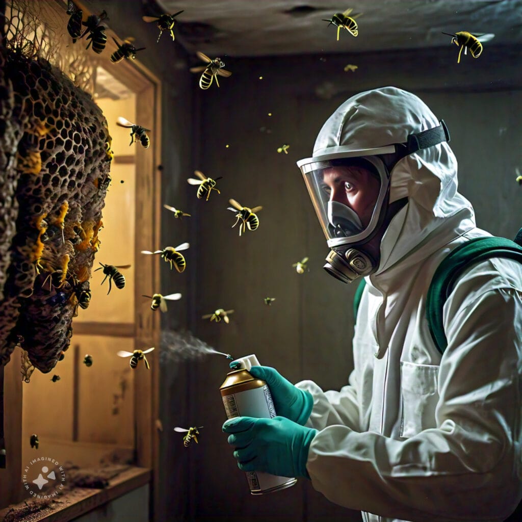  Image showcasing a professional pest control specialist dealing with a stinging pest infestation.