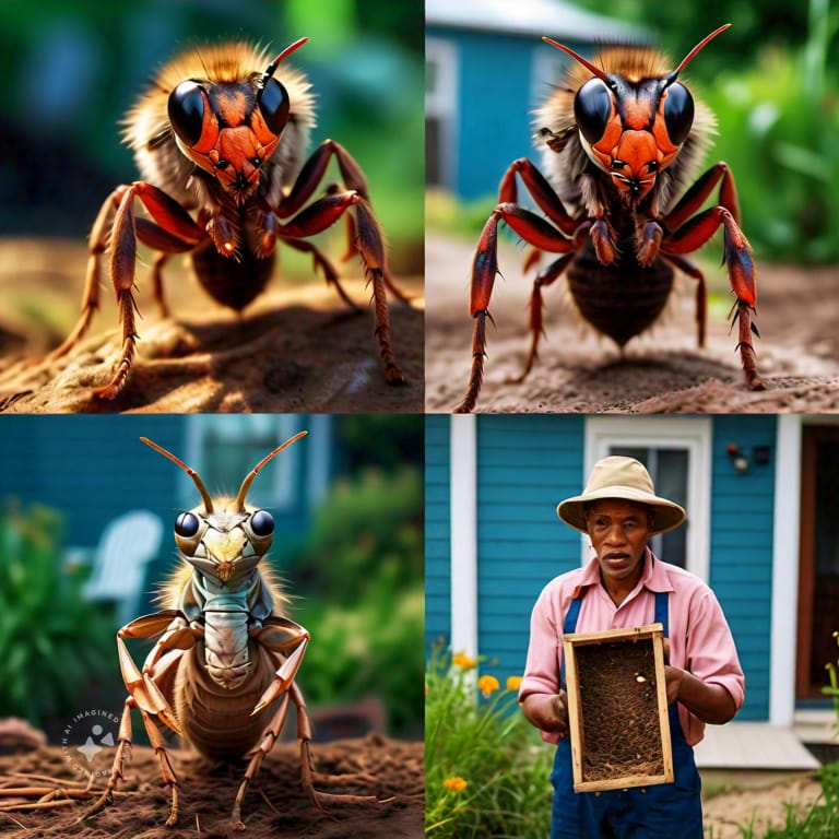  Before and after images of a garden or home affected by stinging pests, highlighting the need for control measures.