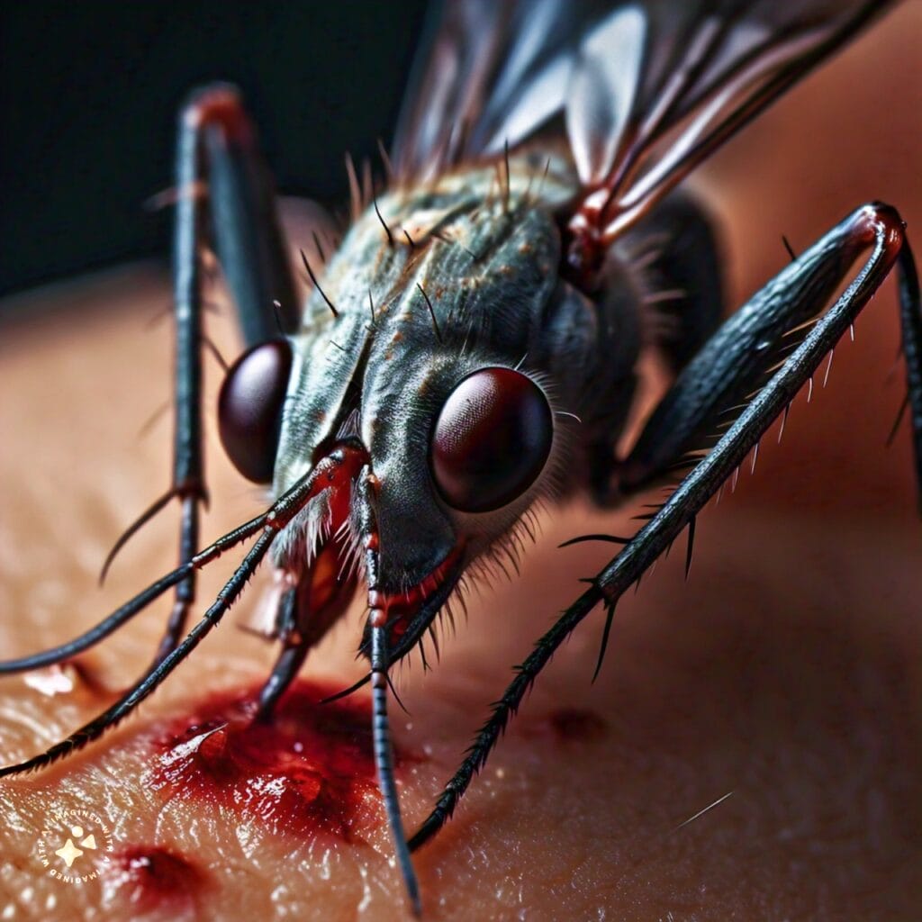 A close-up image of a mosquito biting human skin, with its proboscis inserted into the skin and a red blood-filled bulge on its body. The skin around the bite area is red and inflamed, showing the effects of the mosquito's saliva and the body's allergic reaction.