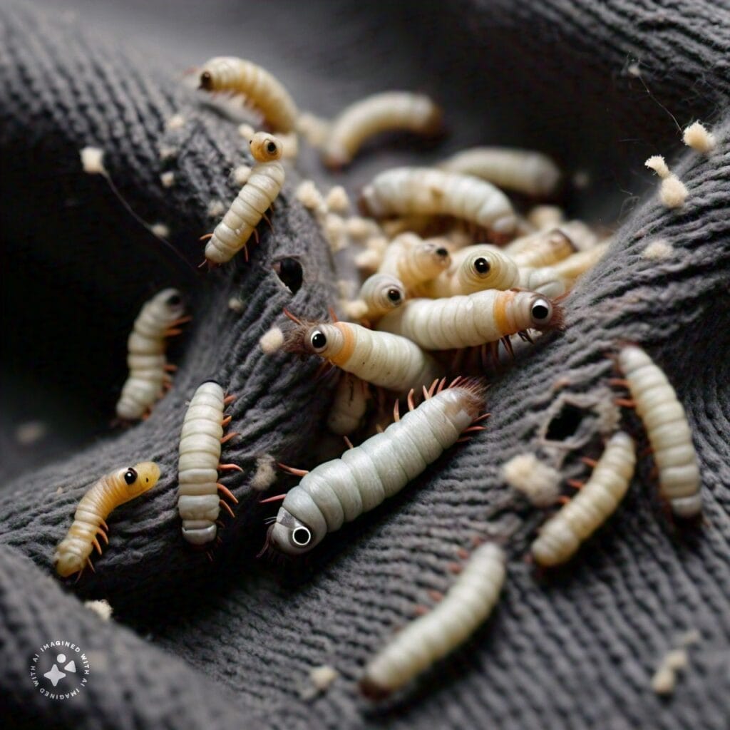 Small white larvae with dark heads, feeding on fabric, leaving behind holes and trails of damage on clothing, representative of the destructive impact of moth infestations