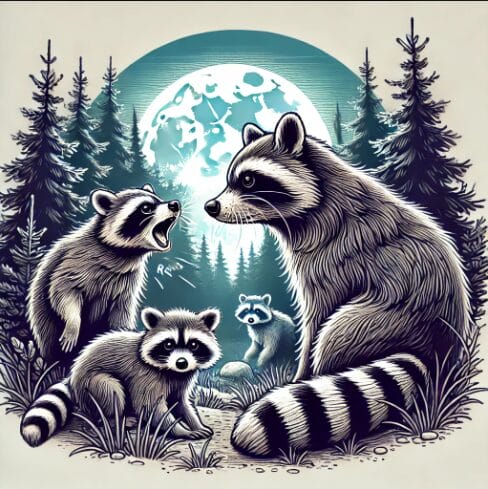 A family of raccoons in a forest at night, with one raccoon growling and another chirping softly under moonlight.