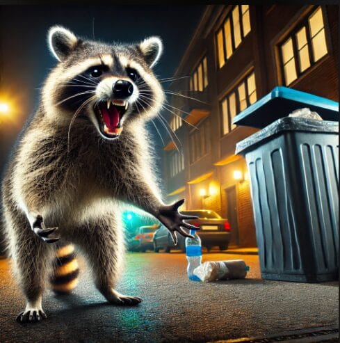 A raccoon growling and hissing defensively in front of a trash bin in an urban environment, with streetlights and houses in the background.